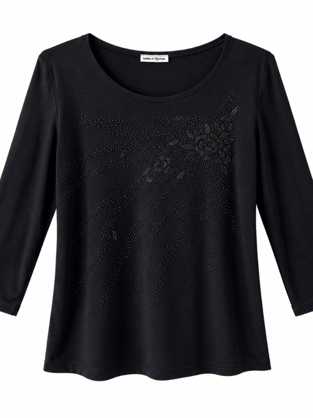 Vintage 80s Black Knit Top with 3D Rose Bead Embellishments Sz M